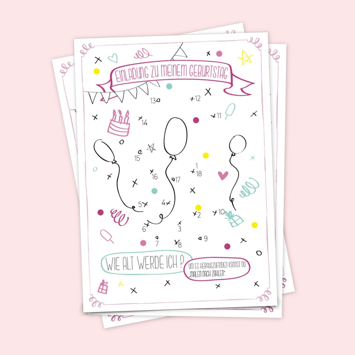 Malen-nach-Zahlen-Einladung-Geburtstag-Kindergeburtstag-Postkarte-Party-Konfetti-Wimpel-Luftballons-Mädchen-Rosa-Online-Shop-9