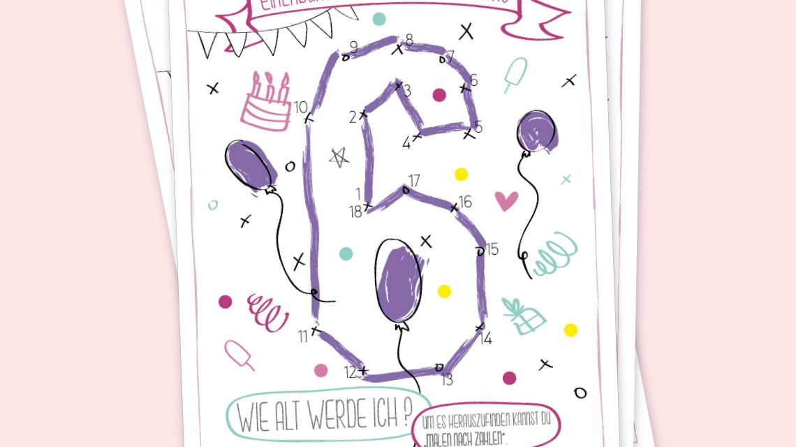 Malen-nach-Zahlen-Einladung-Geburtstag-Kindergeburtstag-Postkarte-Party-Konfetti-Wimpel-Luftballons-Mädchen-Rosa-Online-Shop-Zahl-6