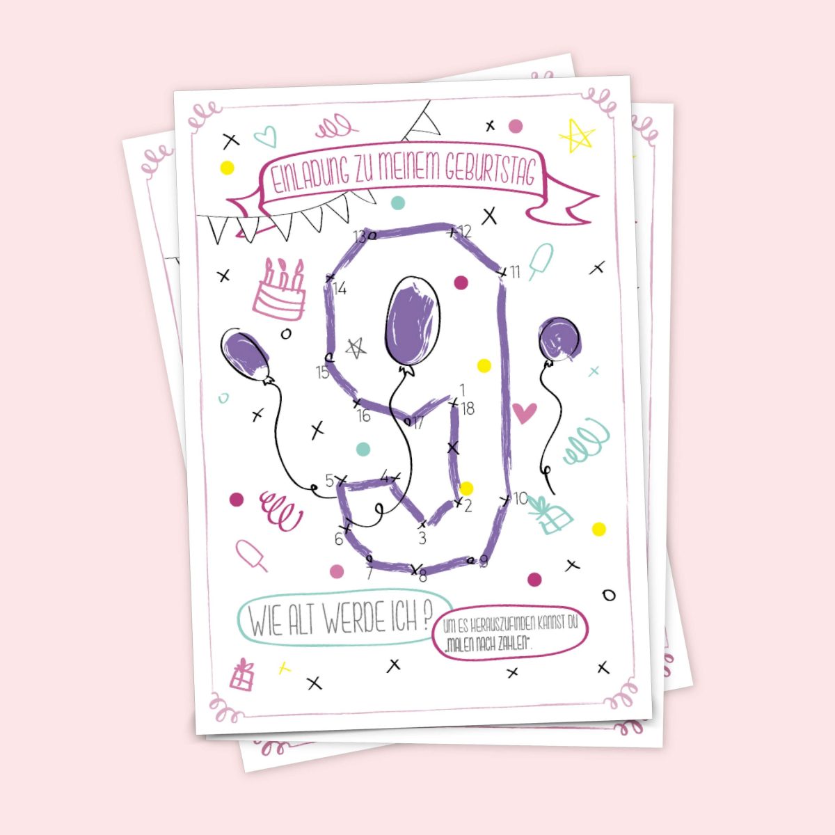 Malen-nach-Zahlen-Einladung-Geburtstag-Kindergeburtstag-Postkarte-Party-Konfetti-Wimpel-Luftballons-Mädchen-Rosa-Online-Shop-Zahl-9