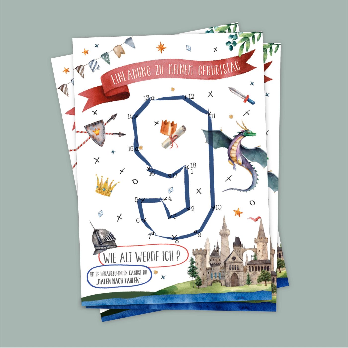 Postkarte-Kindergeburtstag Einladung zum Mitmachen Geburtstagsparty Ritter Schloss Drache Märchen Alter 9 Zahl